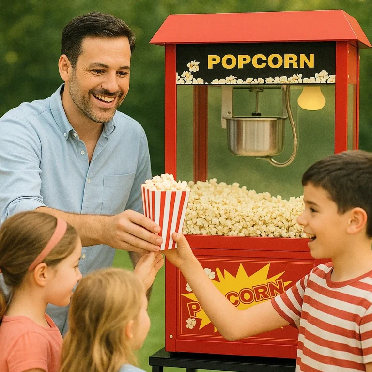 Vater verteilt Popcorn an Kinder auf einem Geburtstag