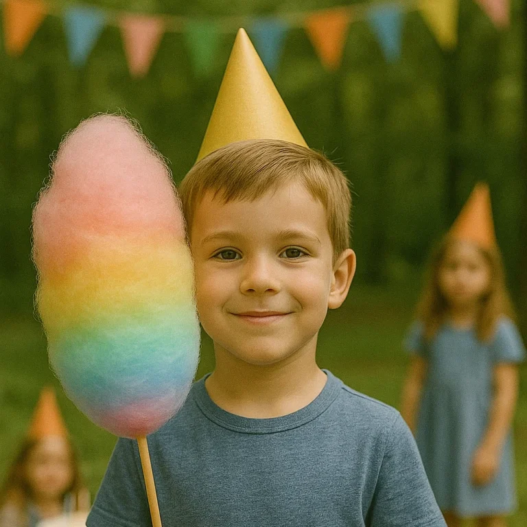 Kind mit Zuckerwatte auf Kindergeburtstag