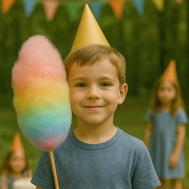 Junge mit Regenbogenzuckerwatte auf Kindergeburtstag
