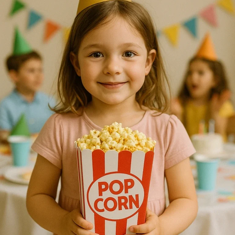 Mädchen auf Kindergeburtstag mit Popcorn
