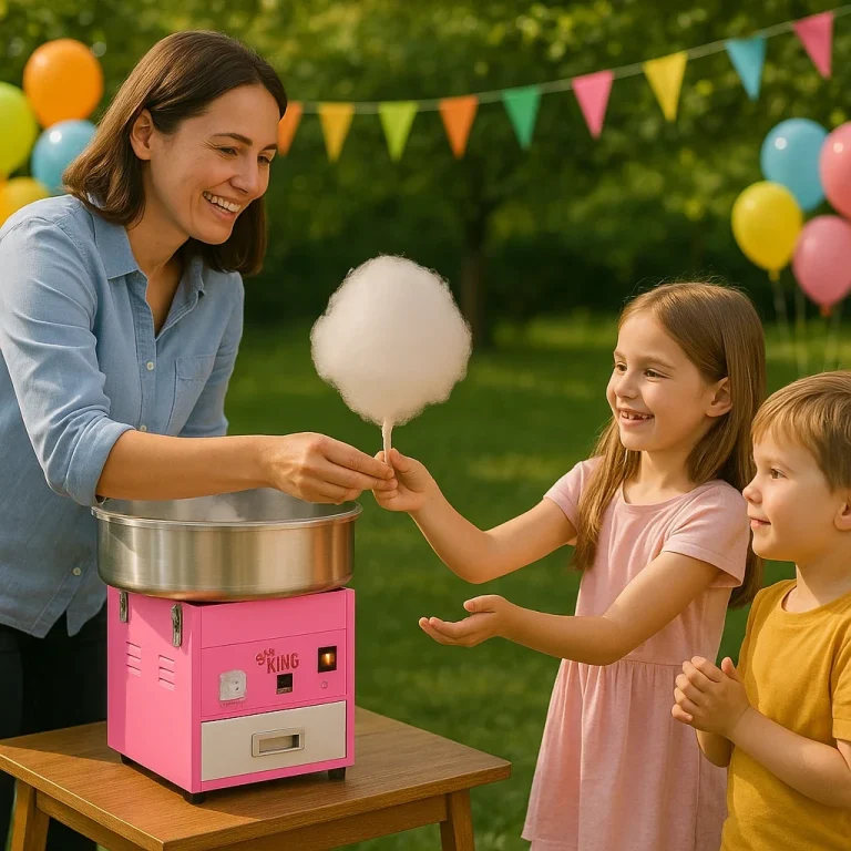 Mutter verteilt Zuckerwatte auf Kindergeburtstag
